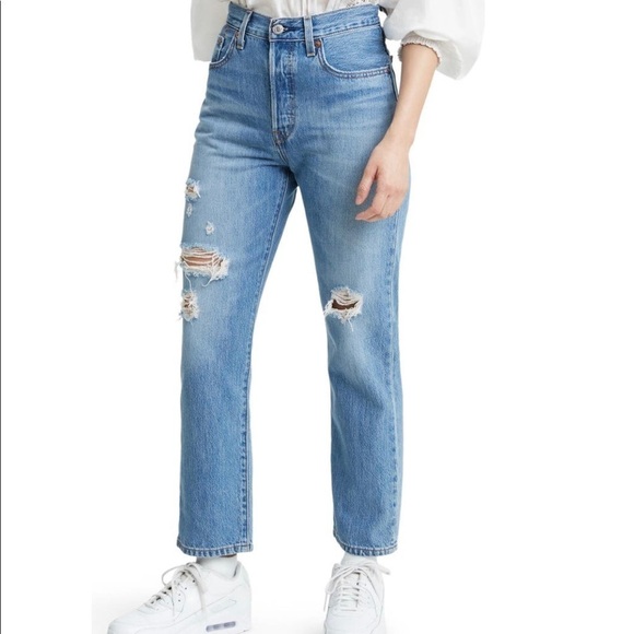 Levi’s 501 Ripped High Waist Crop Straight Leg Jeans Light Blue 31 - Picture 1 of 5